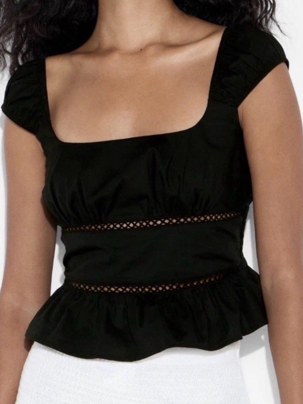 NWT M Wild Fable Women’s Black Poplin Peplum Tank Top Cap Sleeves Crochet Cutout